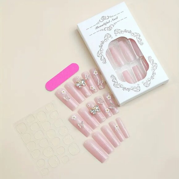 24pcs Spring Romance Press On Nails with Filigree Strip and Jelly Glue - Picture 2 of 5